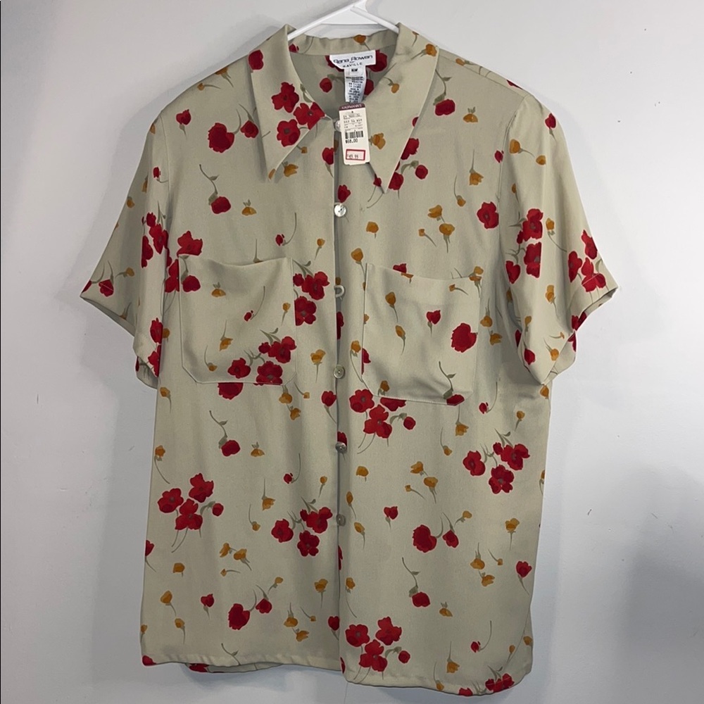 Rena Rowan Cream Red Floral Button Down Shirt 16W #46